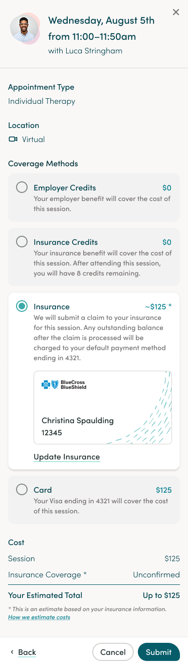 Example scheduling screen showing an unconfirmed insurance estimate